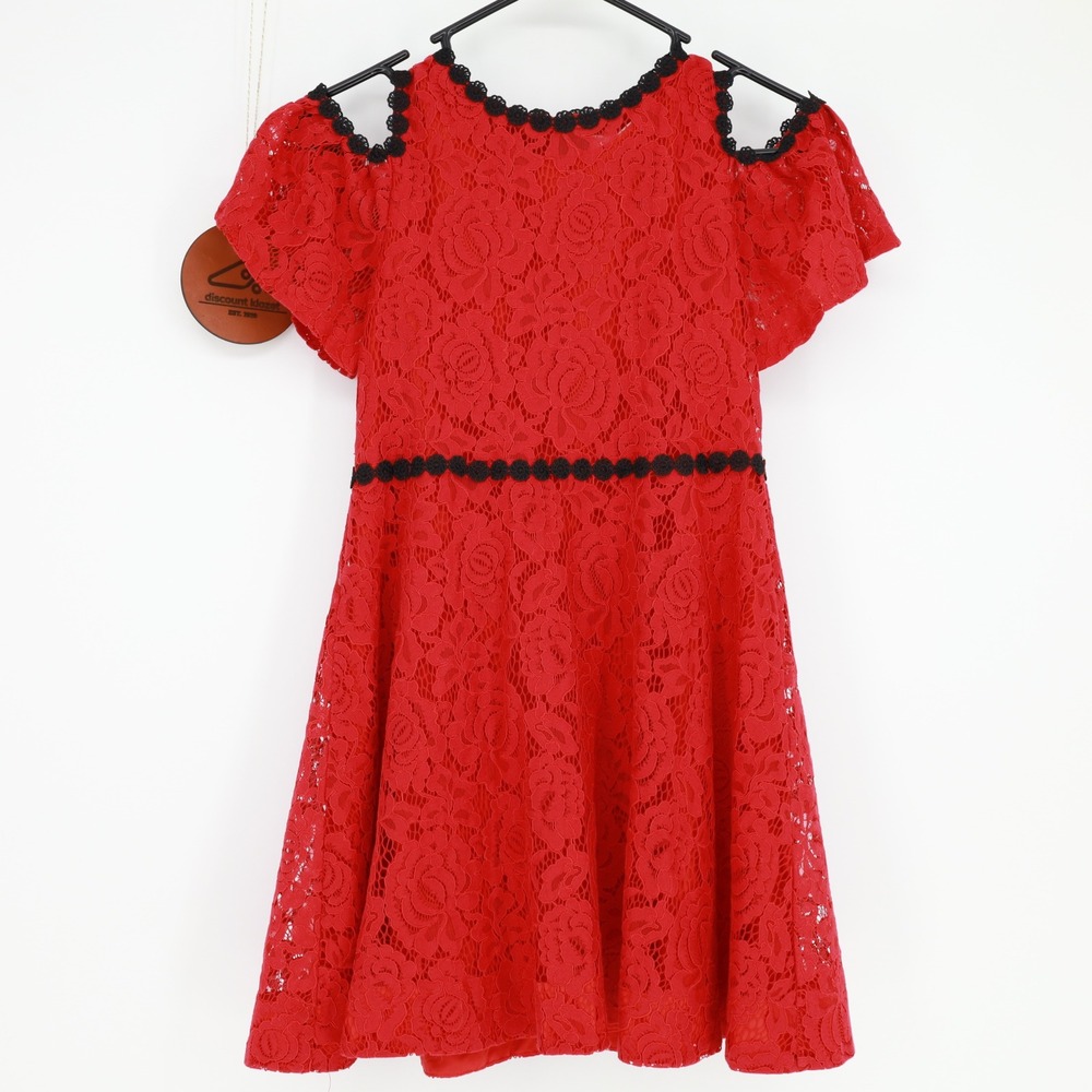 Kate Spade Girls Red Floral Lace Cold Shoulder Dress Black Trim Size 12 Elegant